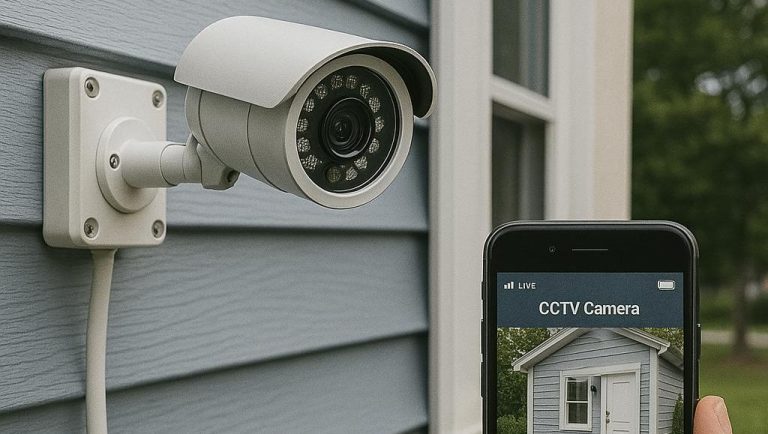 A security camera mounted on a wall, next to a smartphone displaying a live feed.